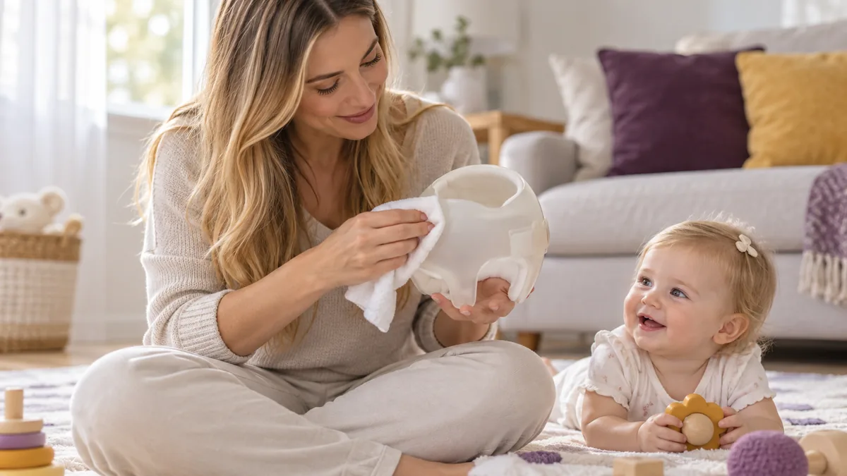 Mãe limpando a parte interna da órtese craniana com um pano macio, com o bebê brincando ao lado