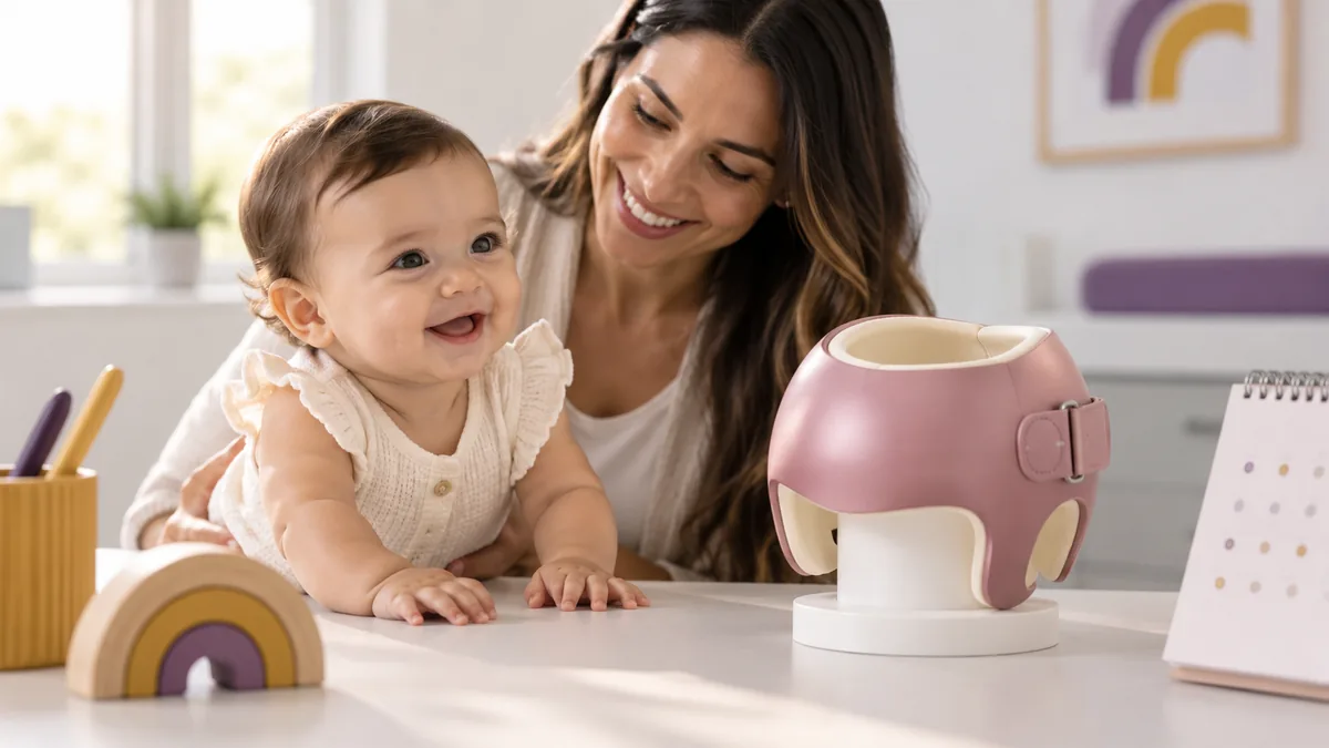 Calendário de mesa ao lado de uma órtese craniana sobre a mesa do consultório