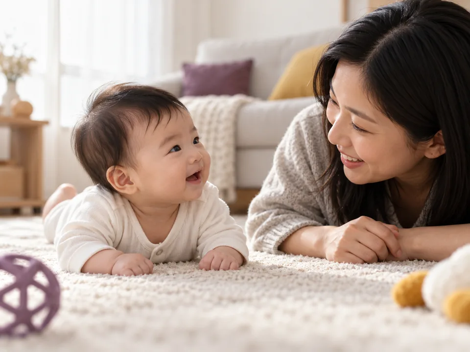 Bebê de barriga para baixo no tapete, levantando a cabeça para olhar a mãe deitada à sua frente