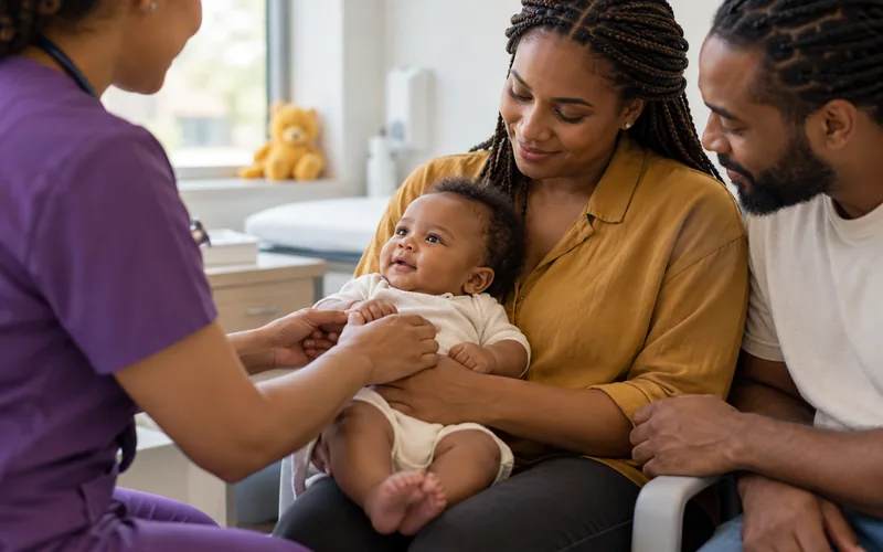 Neurocirurgião conversando com os pais de um bebê no consultório