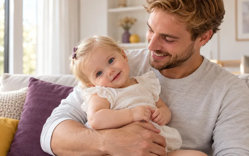 Bebê no colo com a cabeça inclinada para um lado