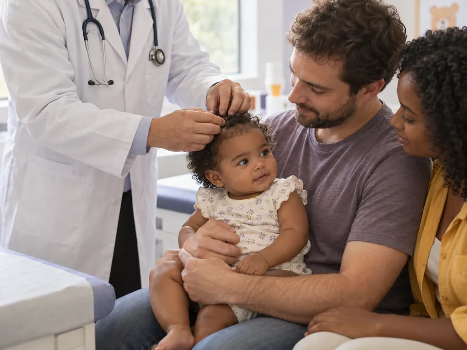 Pediatra observando de cima a cabeça de um bebê sentado no colo do pai