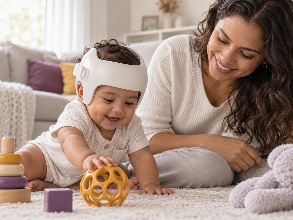 Bebê usando órtese craniana brincando no tapete enquanto a mãe observa sorrindo