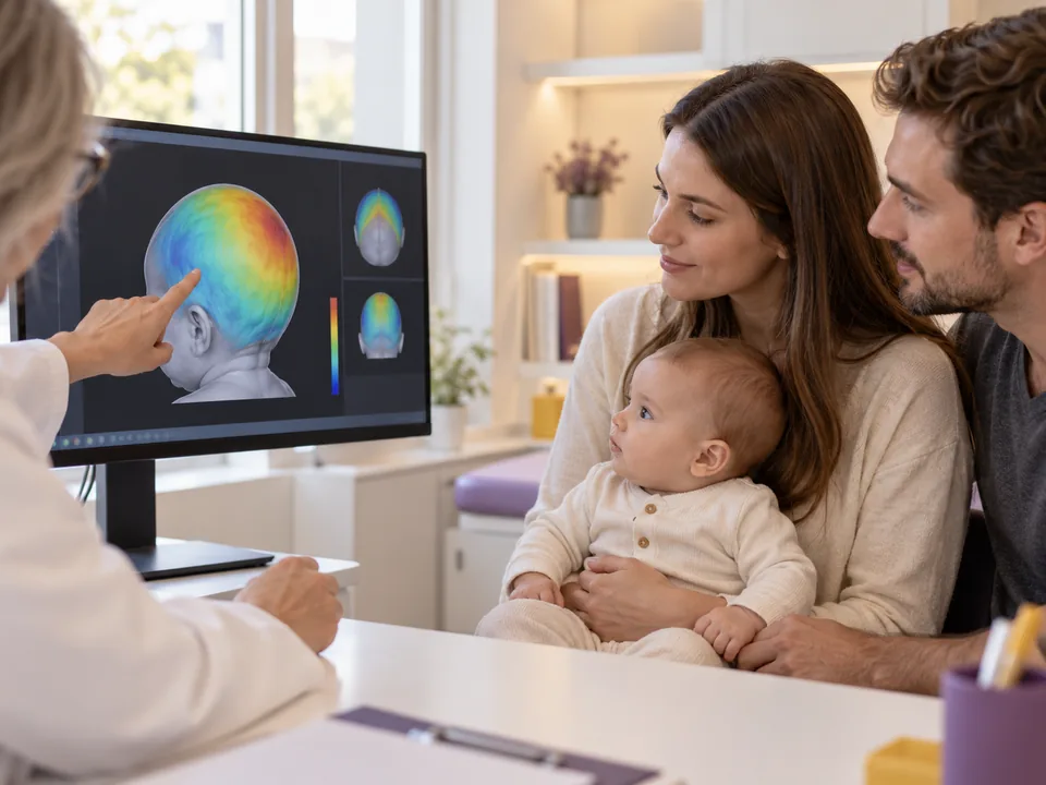 Profissional mostrando aos pais, numa tela, o modelo 3D colorido da cabeça do bebê