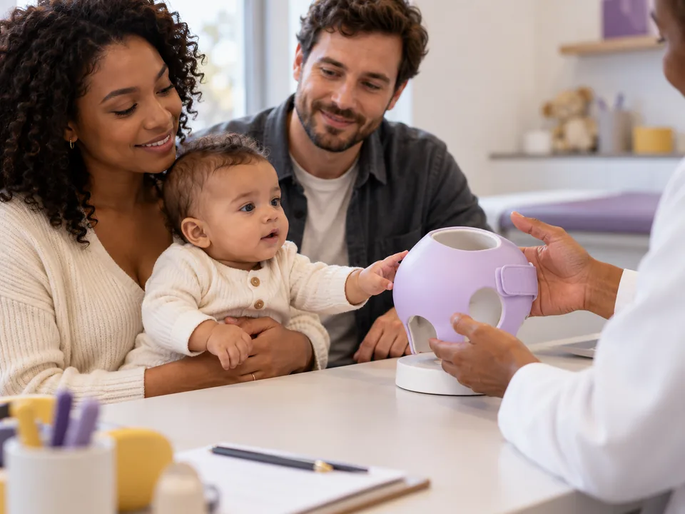 Família conversando com a equipe da clínica, que mostra uma órtese craniana sobre a mesa