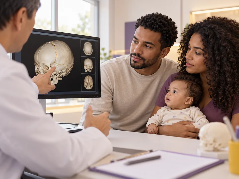 Pais conversando com o neurocirurgião pediátrico, que mostra imagens do crânio numa tela