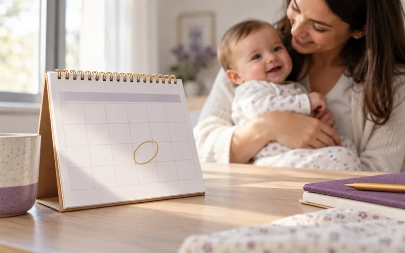 Calendário com a data prevista do parto marcada, ao lado de um bebê prematuro no colo