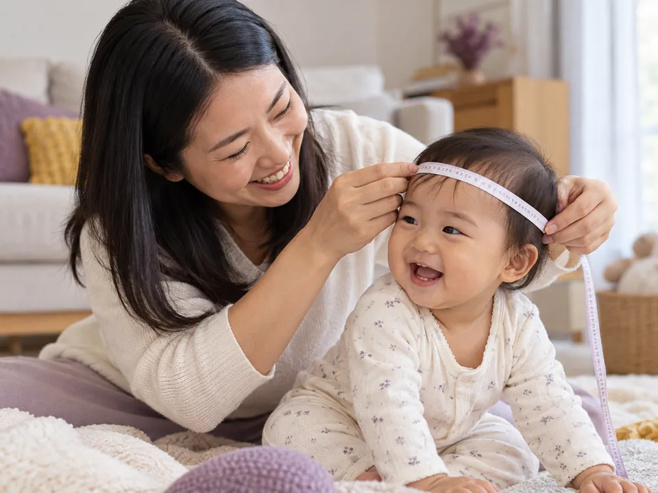 Mãe tentando medir a cabeça do bebê com fita métrica de costura enquanto ele se mexe no colo