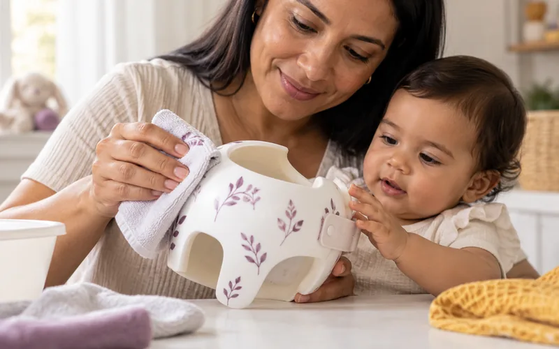 Mãe limpando a órtese craniana com um pano macio