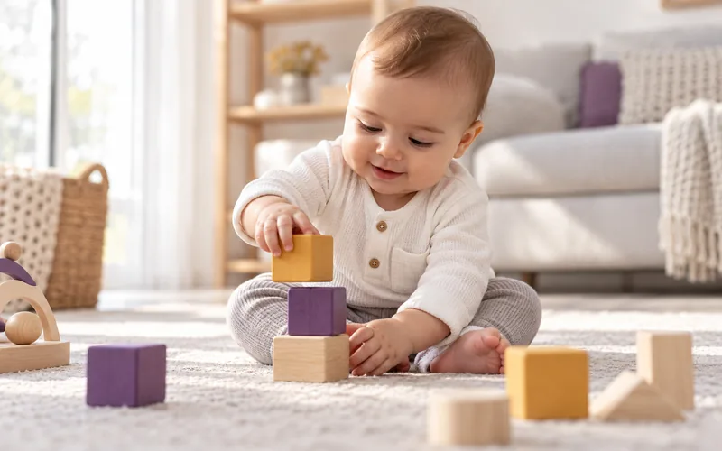 Bebê sentado brincando com blocos coloridos