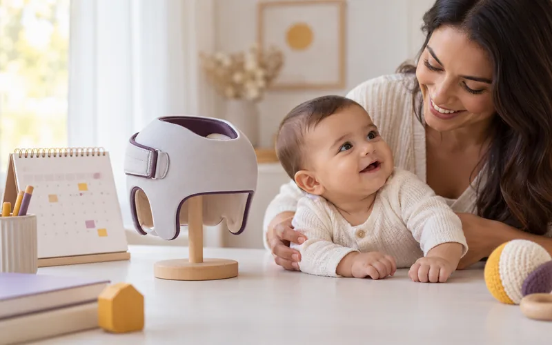 Calendário de mesa ao lado de uma órtese craniana