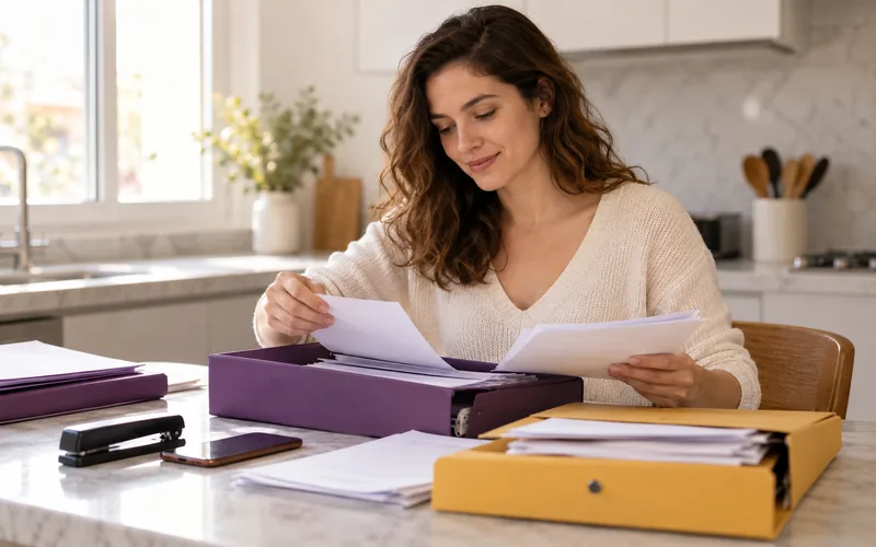 Mãe organizando documentos do bebê na mesa da cozinha