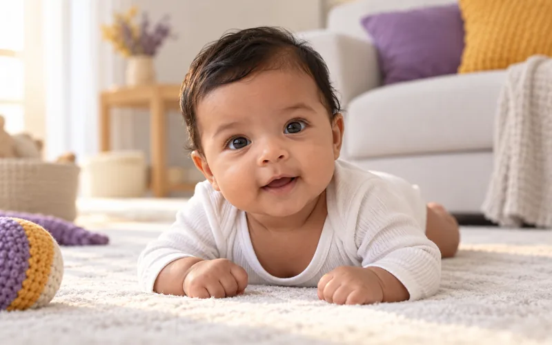 Bebê de 3 meses de barriga para baixo sobre um tapete, apoiado nos antebraços