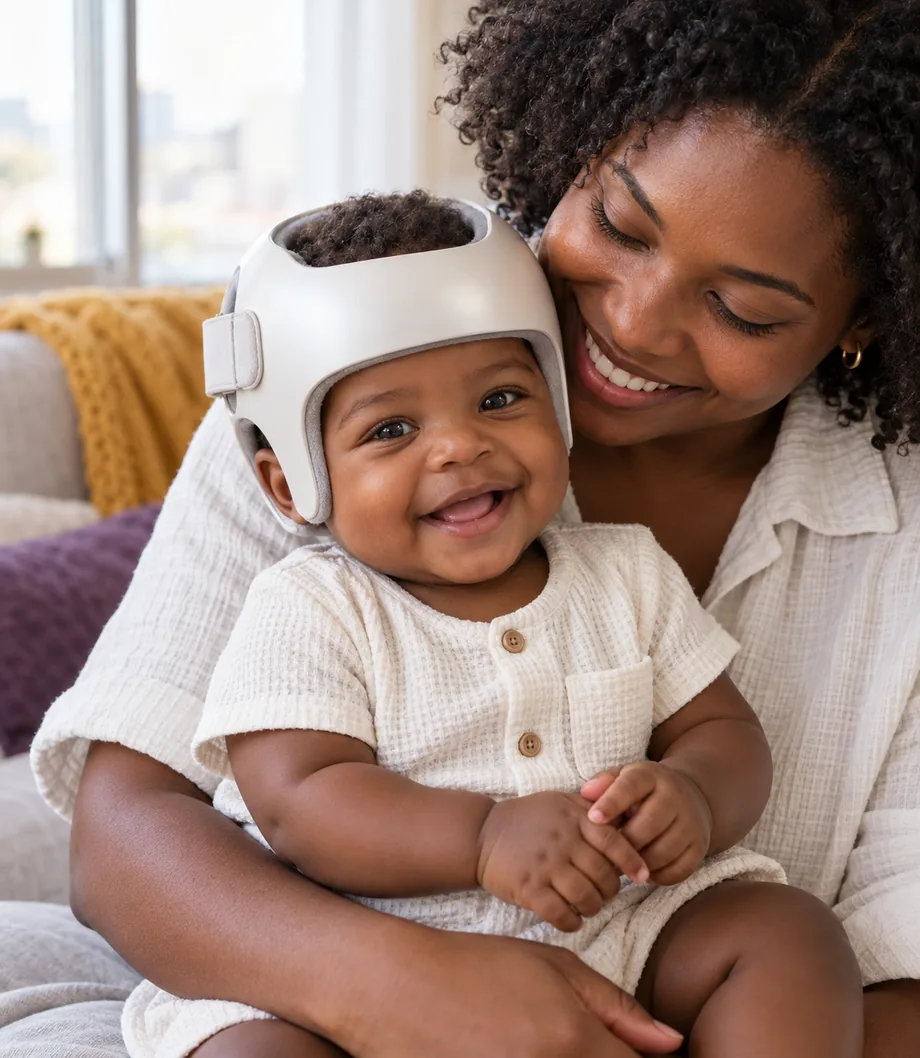 Bebê sorrindo usando uma órtese craniana clara e delicada, no colo da mãe