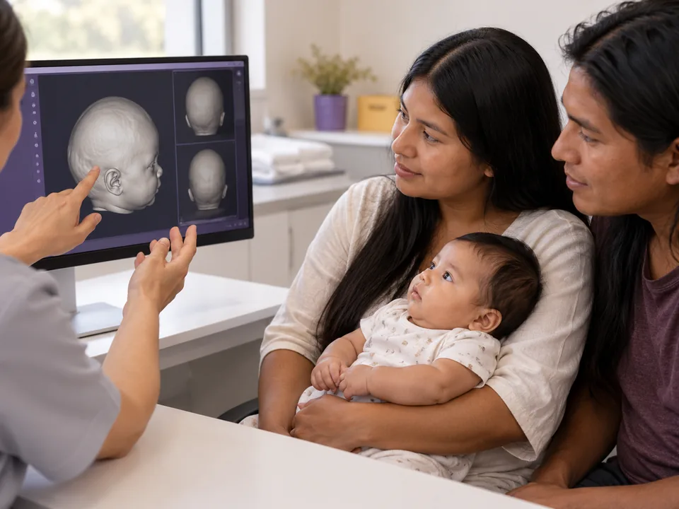 Profissional explicando aos pais as medidas da cabeça do bebê numa tela
