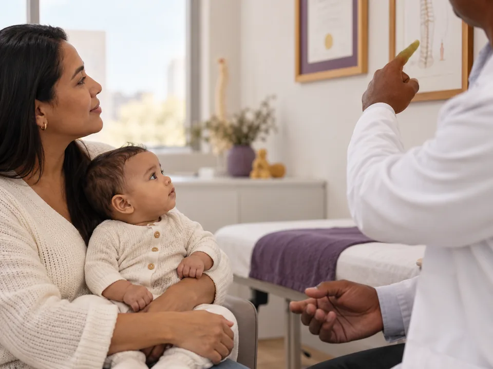Osteopata mostrando à mãe o certificado de especialização na parede do consultório