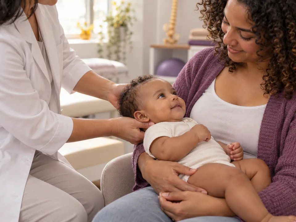 Osteopata pediátrica com as mãos apoiadas suavemente na nuca de um bebê tranquilo no colo da mãe