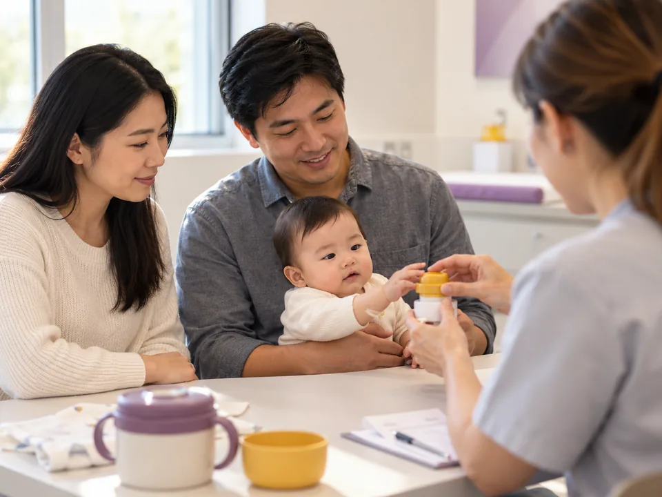 Pais conversando com a osteopata e a fisioterapeuta juntas, com o bebê sentado no colo