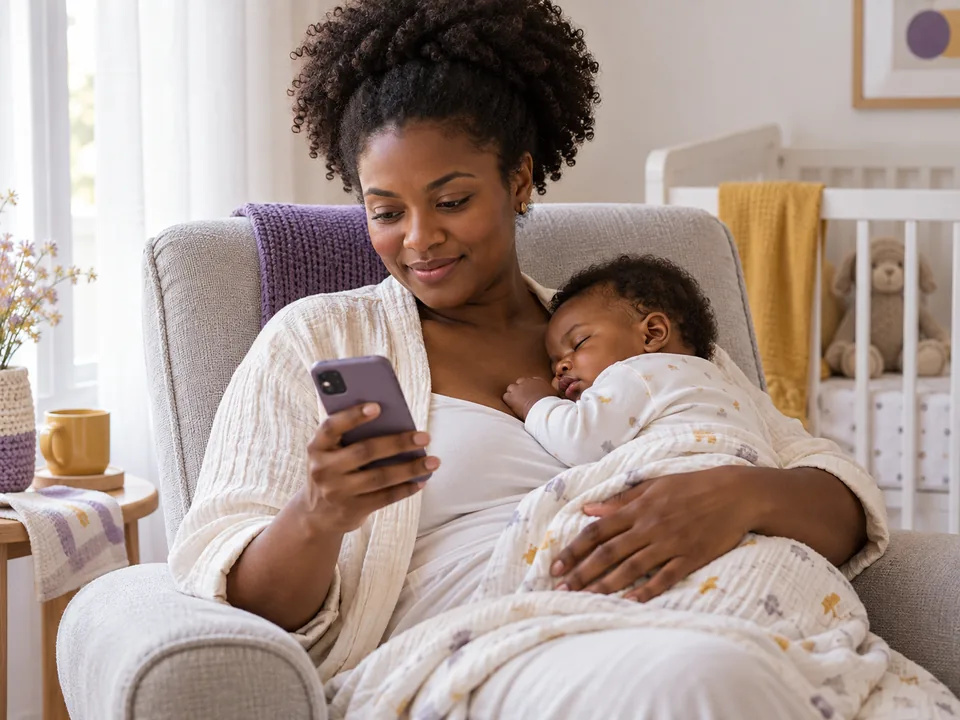 Mãe lendo no celular um guia sobre a cabeça do bebê, com o bebê dormindo no colo