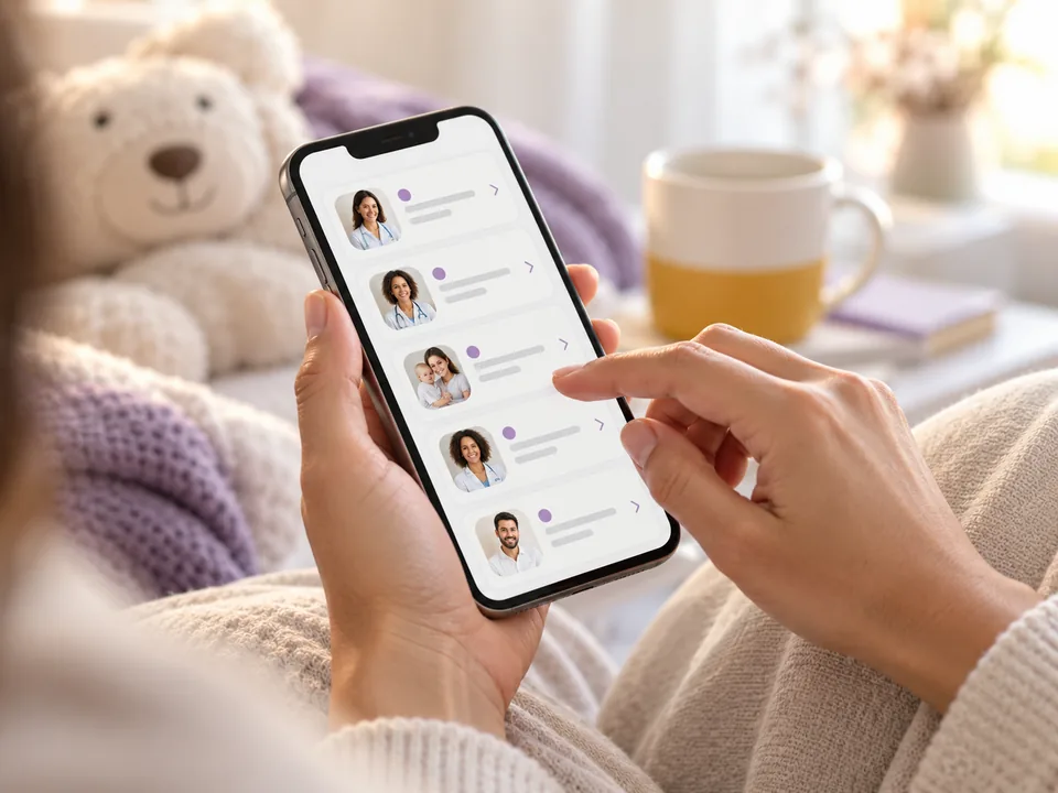 Tela do celular mostrando a lista de especialistas do diretório, com a mão de uma mãe rolando a página