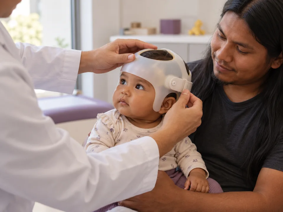 Profissional ajustando a órtese craniana na cabeça de um bebê sentado no colo do pai