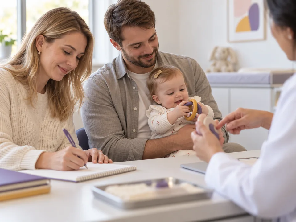 Família sentada à mesa com a profissional, anotando as respostas sobre o tratamento do bebê