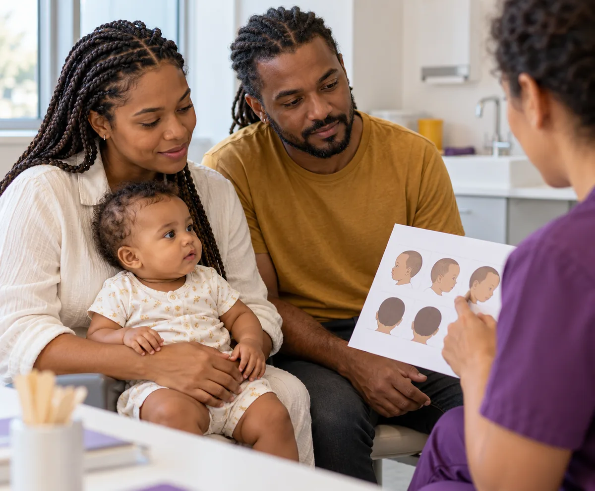 Mãe e pai comparando opções de tratamento numa conversa com a profissional, com o bebê no colo