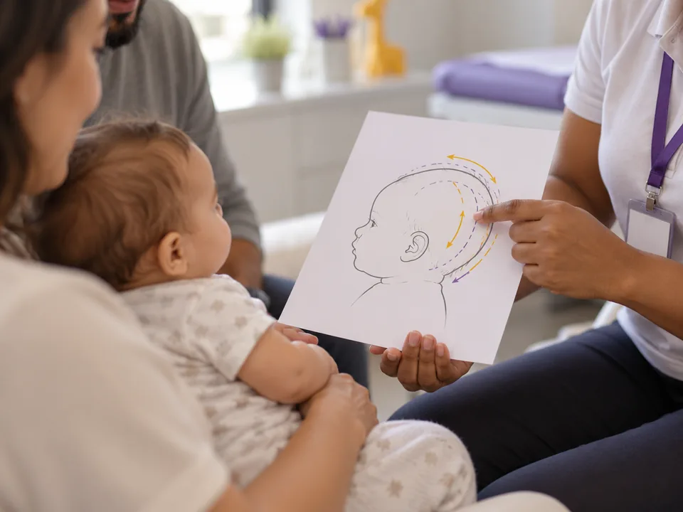 Profissional mostrando aos pais um desenho da cabeça do bebê com as opções de tratamento