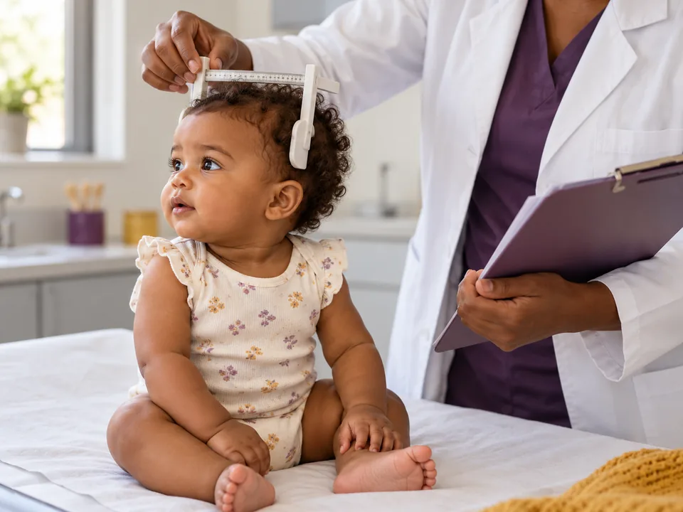 Profissional medindo a cabeça do bebê para comparar com a medida da consulta anterior
