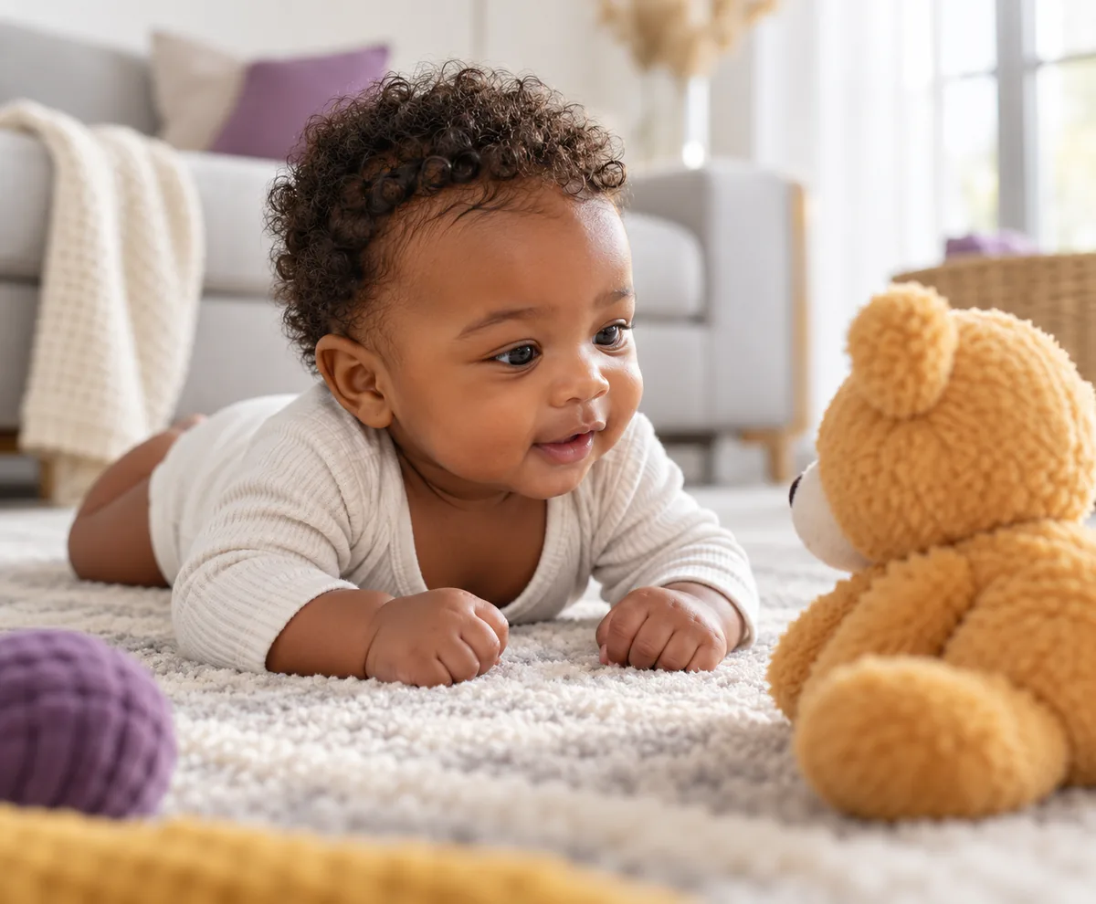 Bebê de cerca de 3 meses de barriga para baixo num tapete, olhando um brinquedo colorido à frente