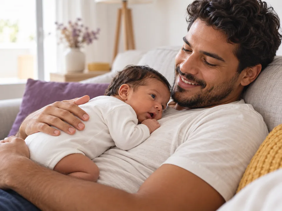 Bebê recém-nascido de bruços sobre o peito do pai, que está recostado no sofá sorrindo