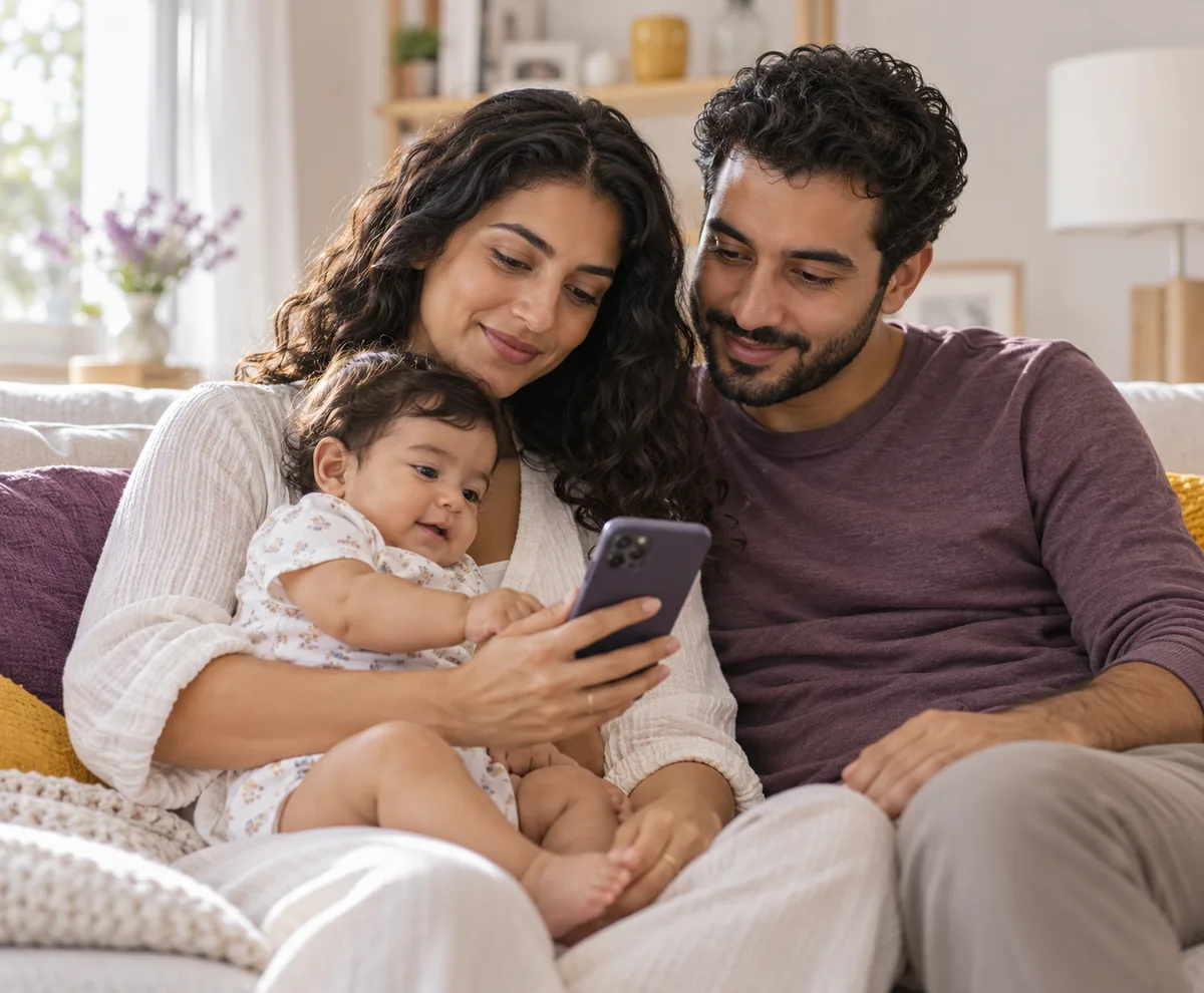 Mãe e pai lendo no celular sobre a cabeça do bebê, com o bebê no colo