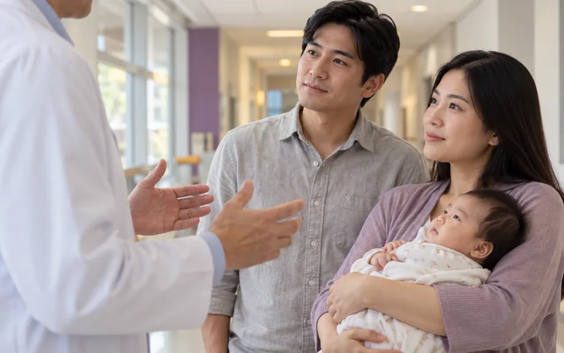 Neurocirurgião pediátrico conversando com os pais