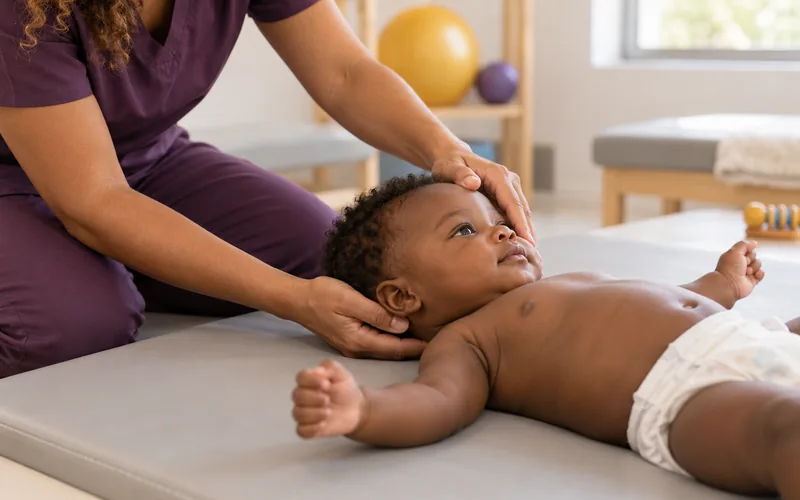 Fisioterapeuta fazendo exercício de pescoço com bebê