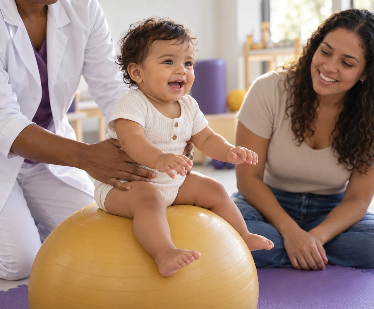 Fisioterapeuta brincando com um bebê sentado sobre uma bola terapêutica enquanto a mãe observa